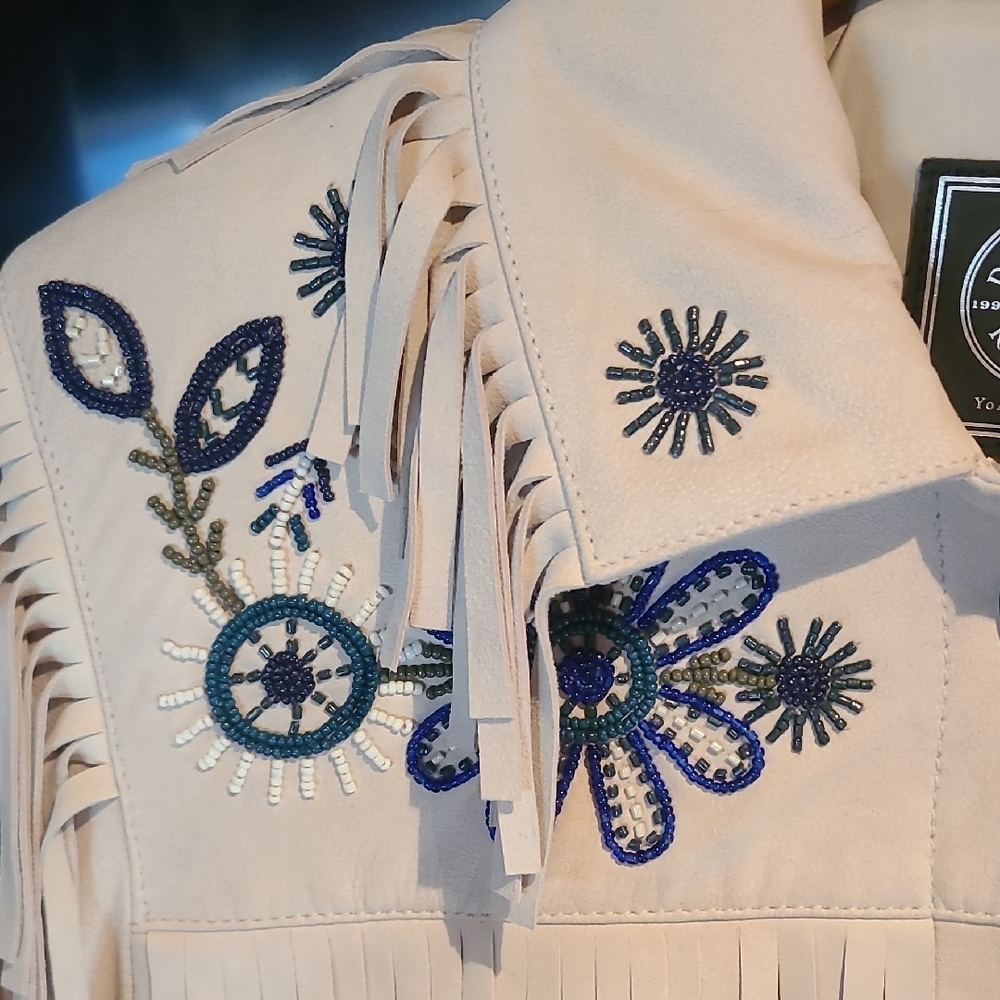 Double D Ranch Cream Leather Fringe Jacket with Blue Embroidery Western Style - Picture 4 of 13